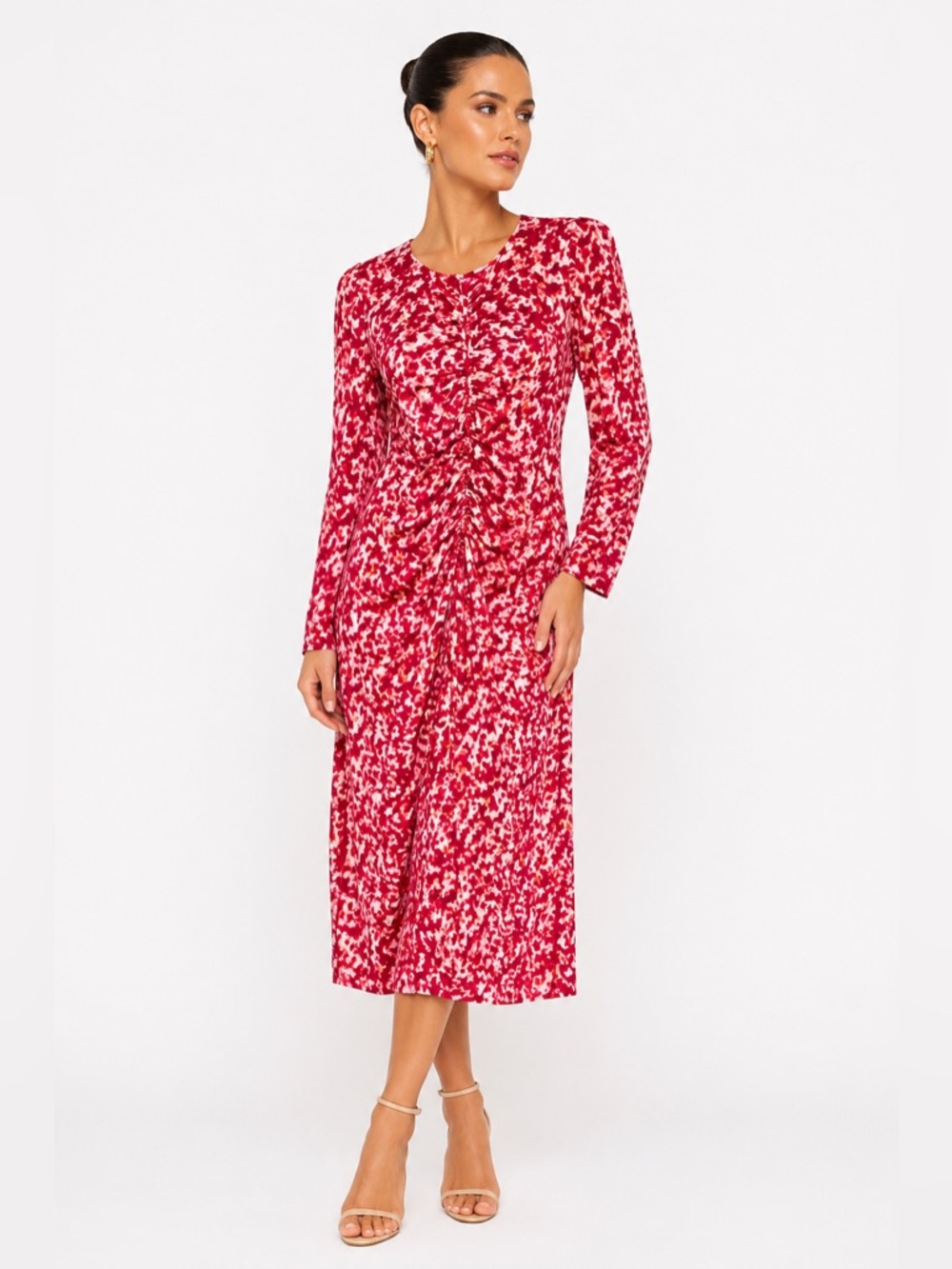 Calvin Klein Multicolor Red Pink Runched A Line Dress NWT Size 10 Long Sleeve
